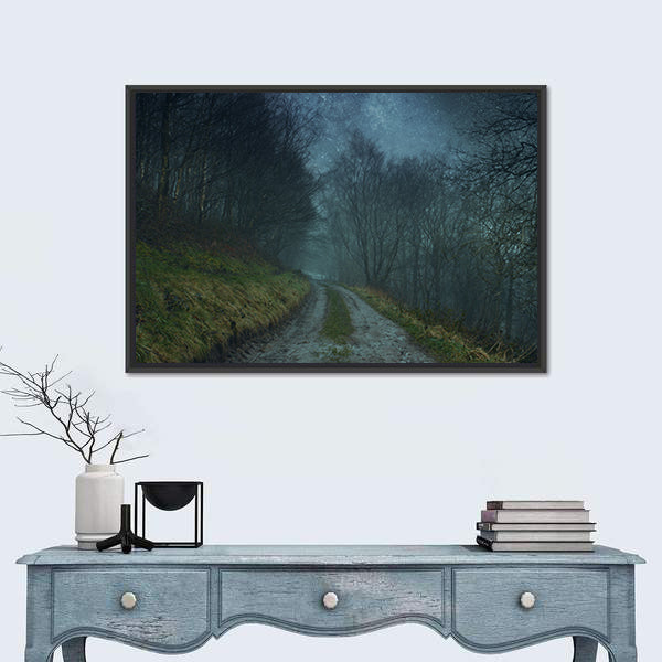 Foggy Forest Path Under Starry Sky Canvas Wall Art