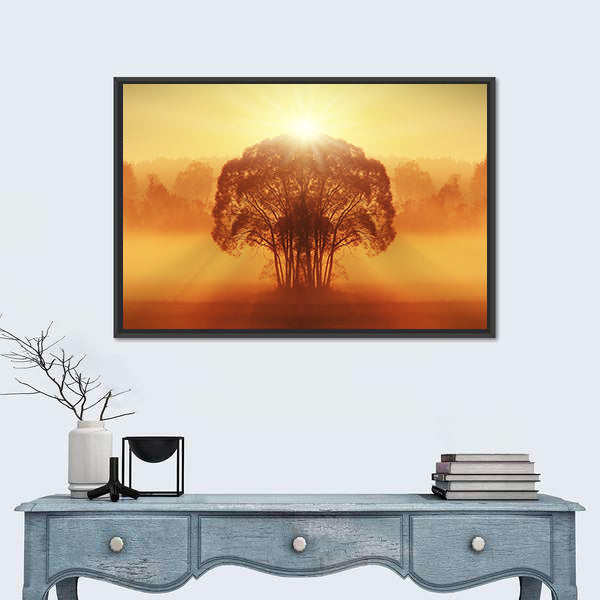 Lone Tree in Golden Morning Mist Canvas Wall Art