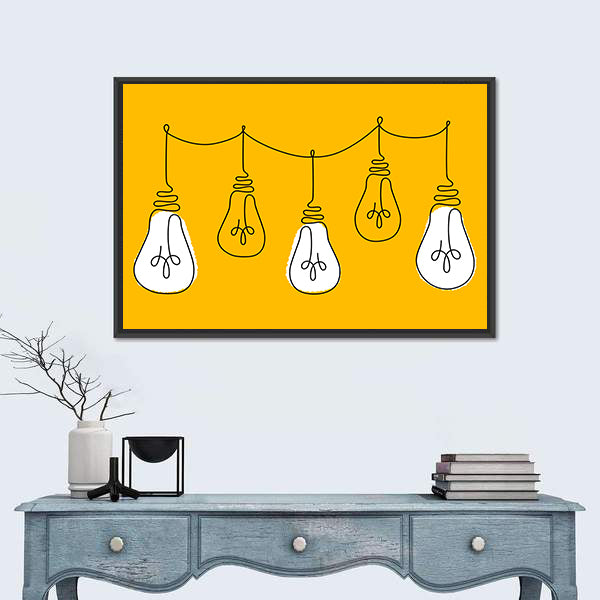 Five Light Bulbs Line on Yellow Canvas Wall Art