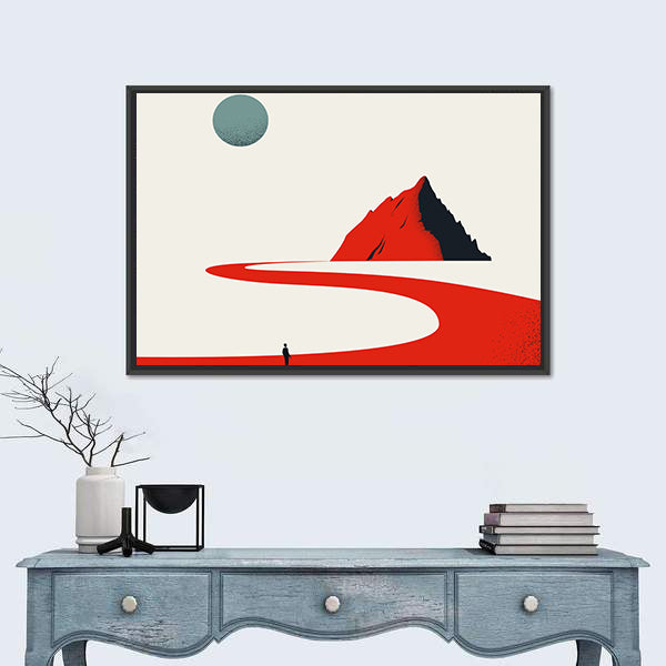Solitary Figure on Red Path to Geometric Mountain Canvas Wall Art