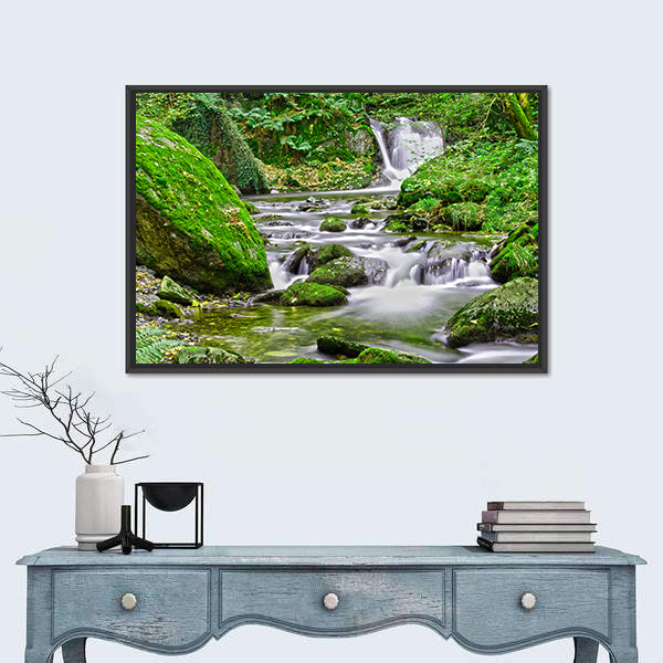 Tranquil Forest Stream And Waterfall Canvas Wall Art