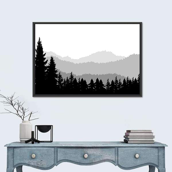 Monochrome Mountain Ranges with Pine Silhouettes Canvas Wall Art