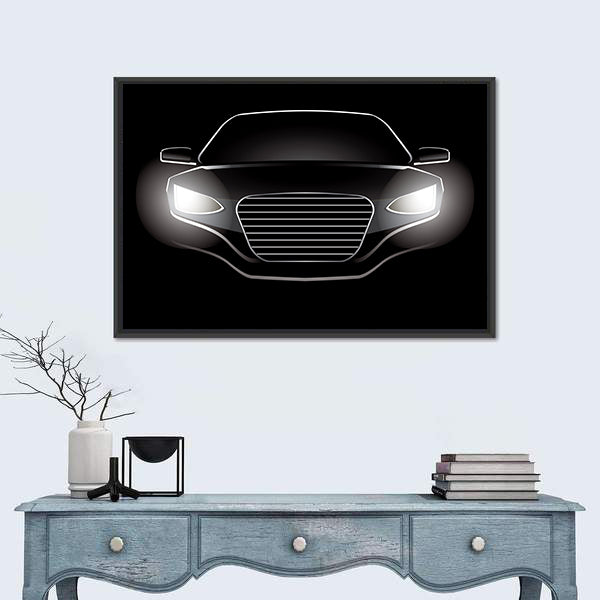 Black Car Silhouette with Glowing Headlights Canvas Wall Art