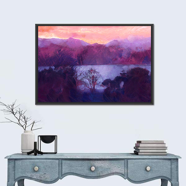 Purple Dusk Over Mountain Lake Canvas Wall Art