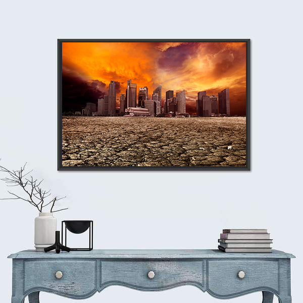 Apocalyptic City Skyline Over Cracked Earth Canvas Wall Art