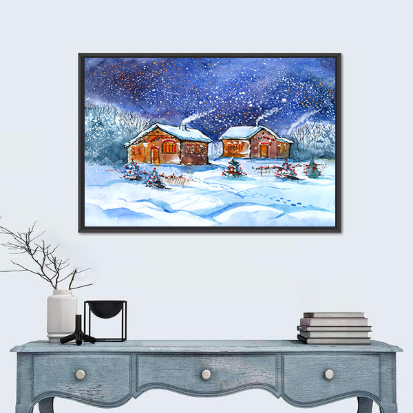 Two Winter Cottages Under Starry Night Canvas Wall Art