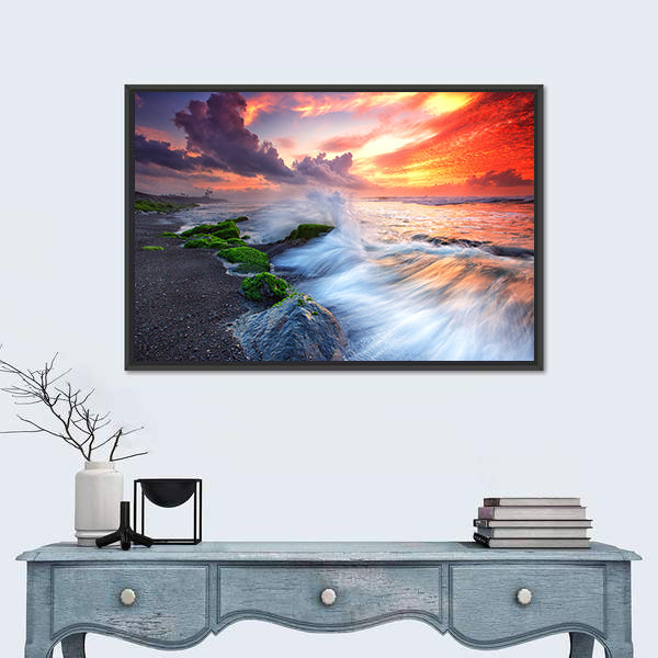 Burning Sky Over Black Sand Beach Canvas Wall Art