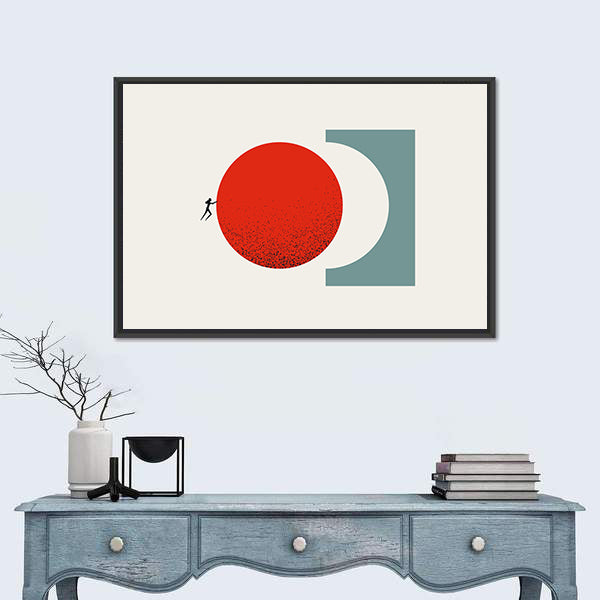 Silhouette Pushing Red Circle Canvas Wall Art