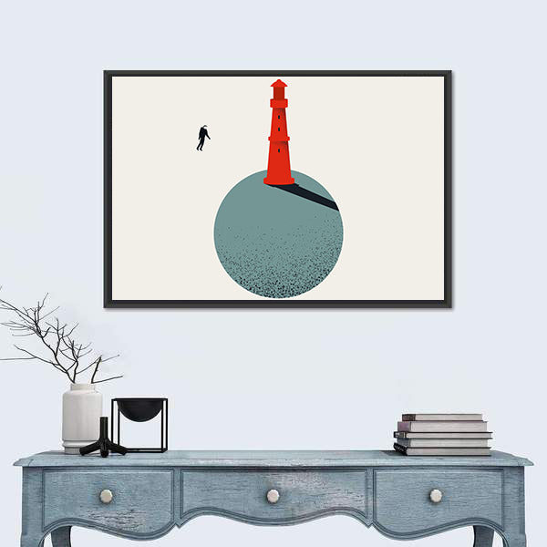 Red Lighthouse with Floating Astronaut Canvas Wall Art