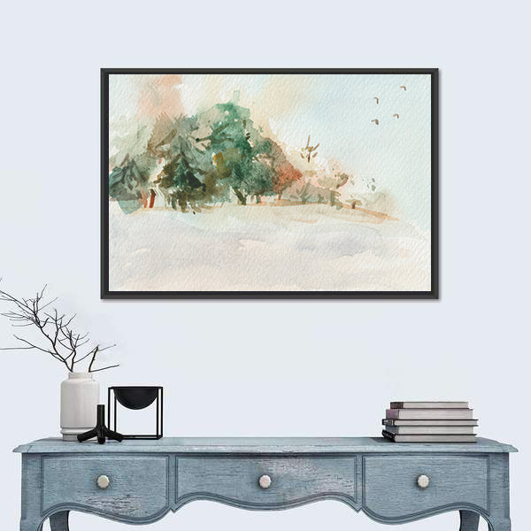 Misty Morning Landscape with Trees Canvas Wall Art