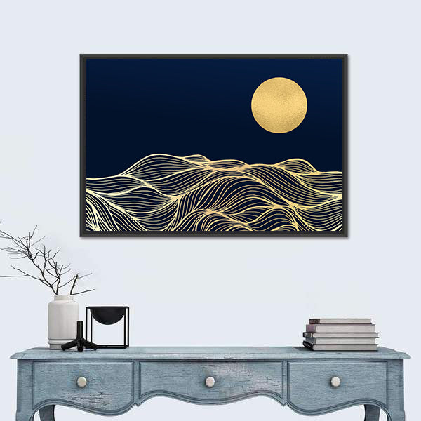 Golden Sun Over Wavy Blue Hills Canvas Wall Art