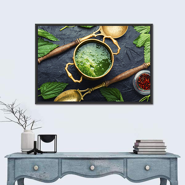 Green Nettle Soup in Brass Pot Canvas Wall Art