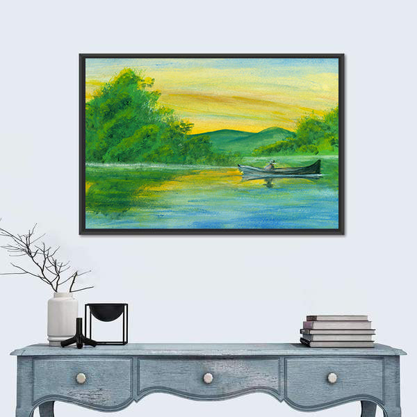 Watercolor Lake with Rowboat at Sunrise Canvas Wall Art