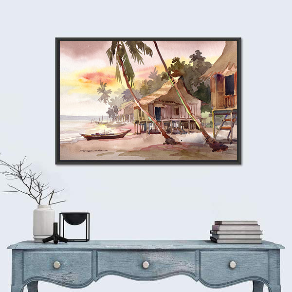 Watercolor Stilt Houses at Sunset Canvas Wall Art