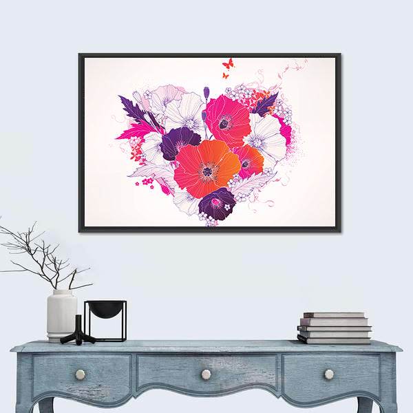 Colorful Floral Heart with Poppies Canvas Wall Art