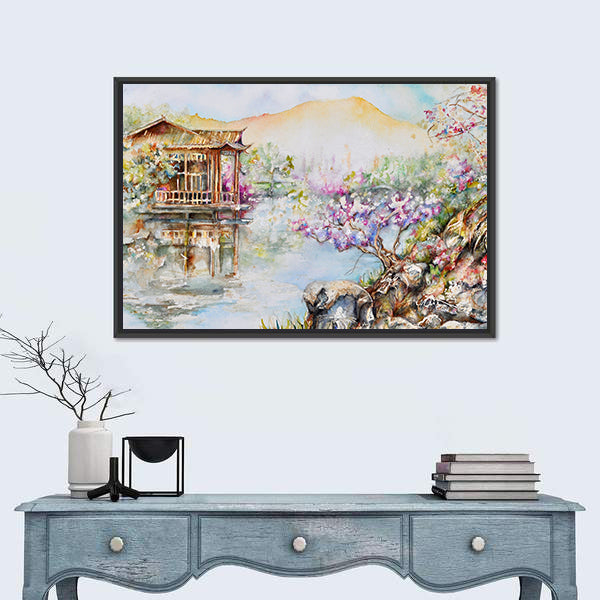 West Lake Stilt House with Pink Blossoms Canvas Wall Art