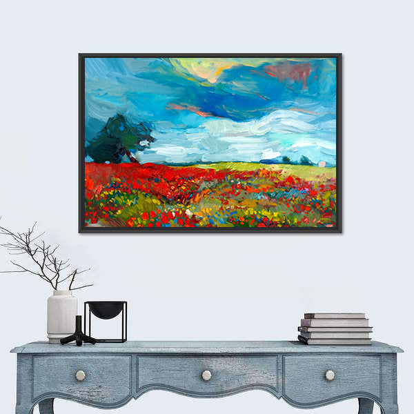 Red Poppy Field Abstract Landscape Canvas Wall Art