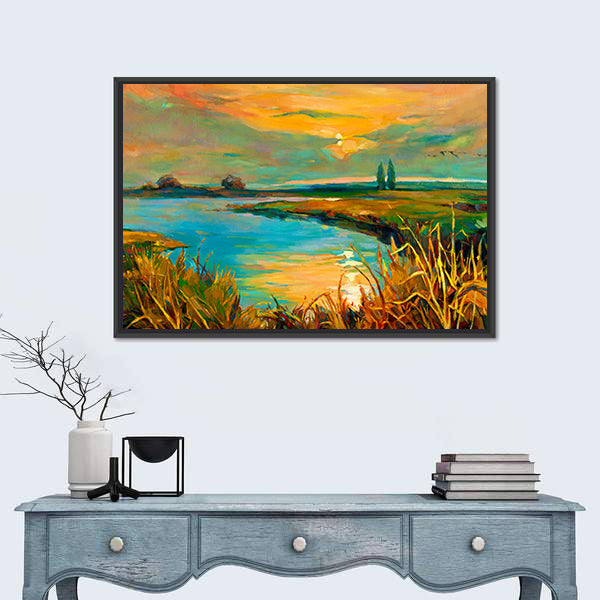 Golden Lakeside Sunset Canvas Wall Art