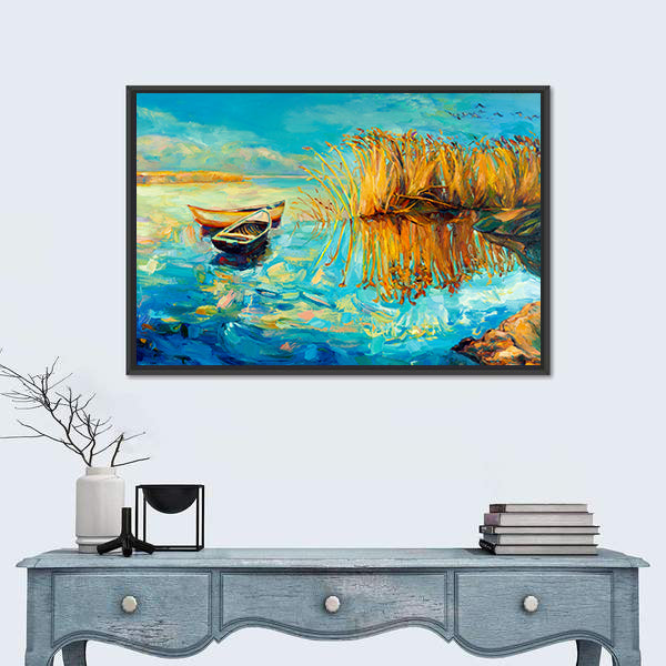 Two Rowboats at Golden Reeds Canvas Wall Art