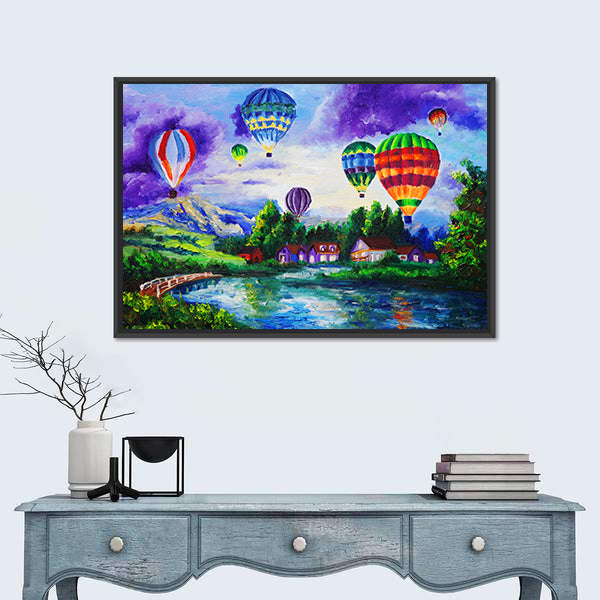 Hot Air Balloons Over River Village Canvas Wall Art