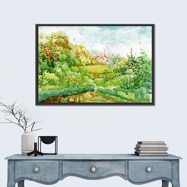 Village Watercolor Landscape with Red-roofed Church Canvas Wall Art