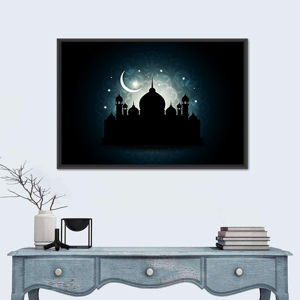 Mosque Silhouette with Crescent Moon and Mandala Canvas Wall Art