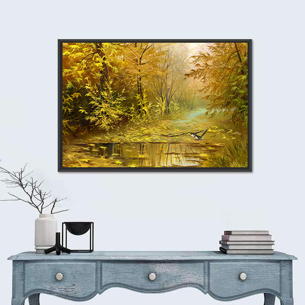 Golden Autumn Forest with Reflecting Puddle Canvas Wall Art