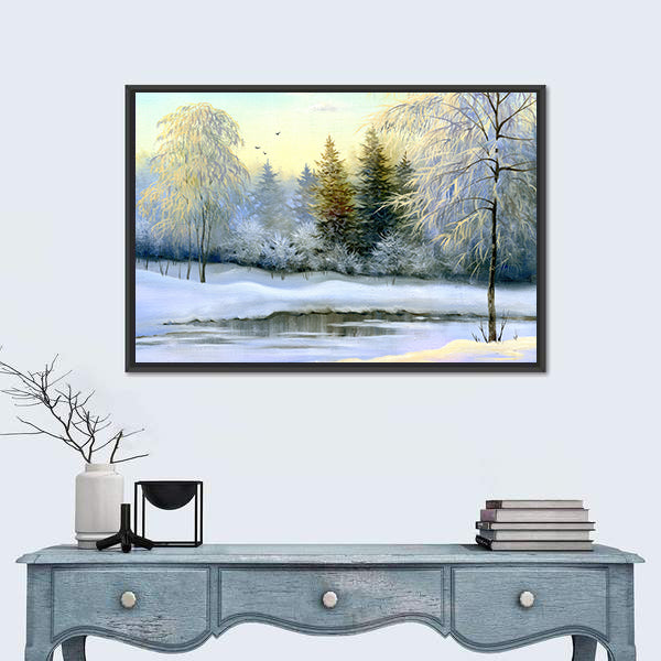 Snow-covered Forest and Frozen River Canvas Wall Art