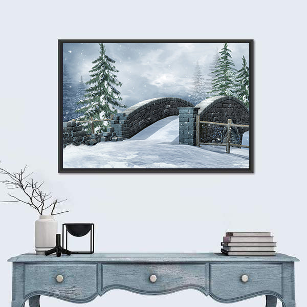 Stone Bridge On A Winter Meadow Canvas Wall Art