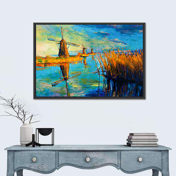 Windmill Landscape at Sunset Canvas Wall Art