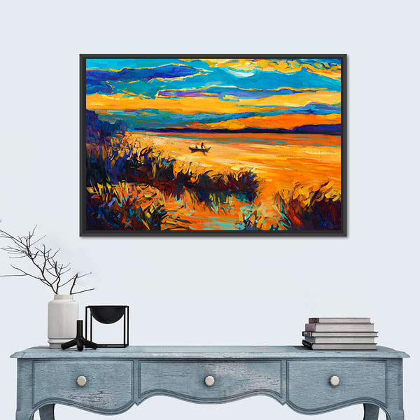 Rowboat on Lake at Sunset Canvas Wall Art