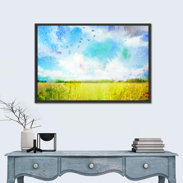 Village Meadow Watercolor Landscape Canvas Wall Art