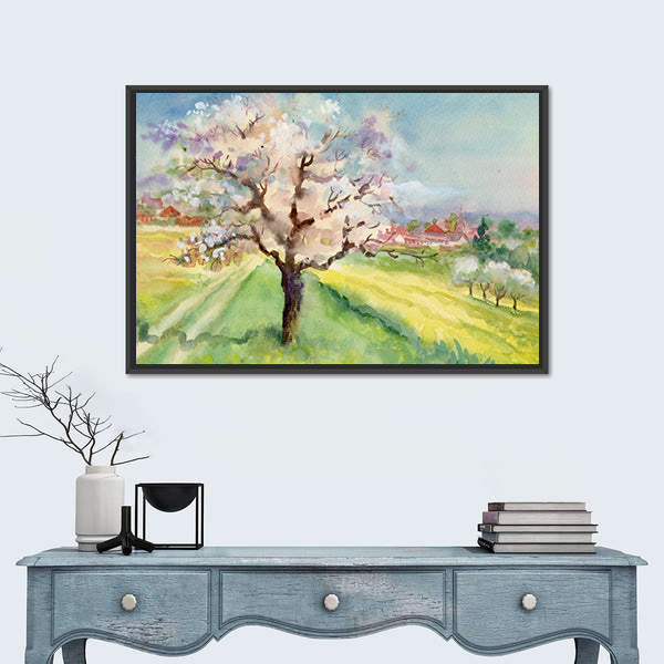 Village Life Watercolor Landscape Canvas Wall Art