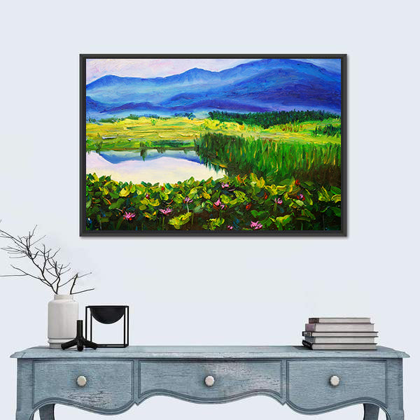 Summer Mountain Lake with Lotus Canvas Wall Art