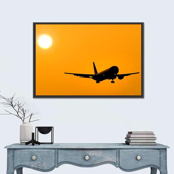 Aircraft Landing At Sunset Canvas Wall Art
