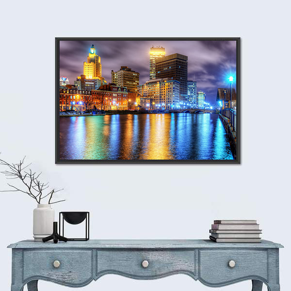 Downtown Providence Skyline with Water Reflections Canvas Wall Art
