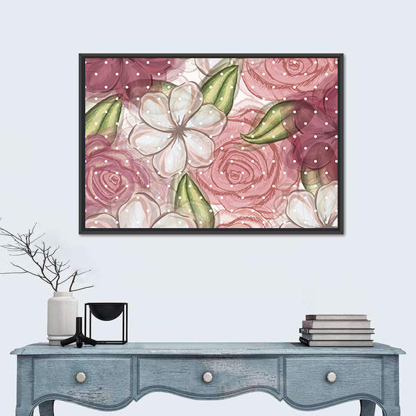 Pink Roses and White Blossoms Pattern Canvas Wall Art
