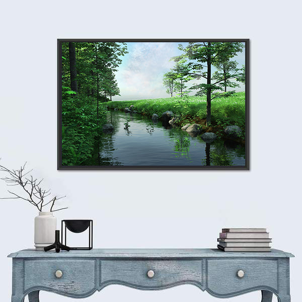 Green Meadow by a Winding Stream Canvas Wall Art