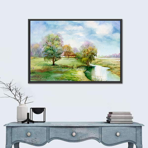 Thatched Cottage Beside Winding River Canvas Wall Art