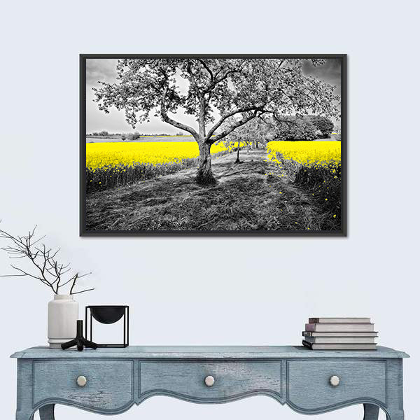 Yellow Canola Field with Large Tree and Path Canvas Wall Art
