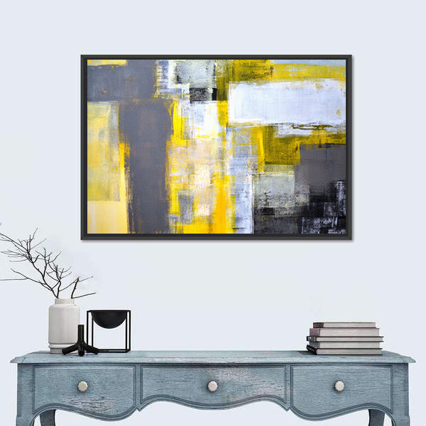 Layered Geometric Abstract with Yellow Bars Canvas Wall Art