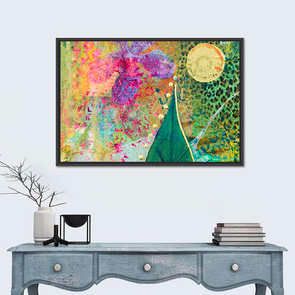 Green Leaf and Purple Orchid Abstract Canvas Wall Art