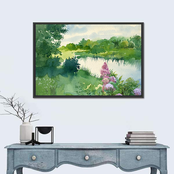 Watercolor River Landscape with Wildflowers Canvas Wall Art