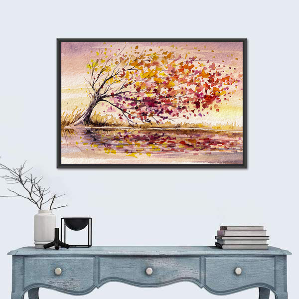 Wind-swept Autumn Tree by the Lake Canvas Wall Art