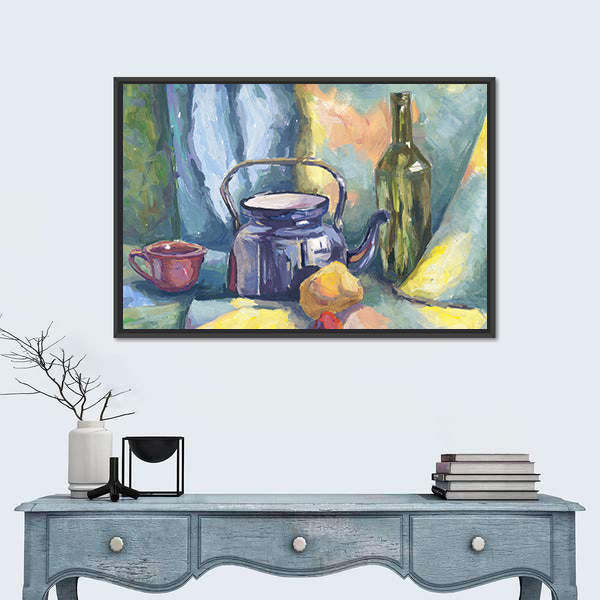 Dark Blue Kettle and Lemon Still Life Canvas Wall Art