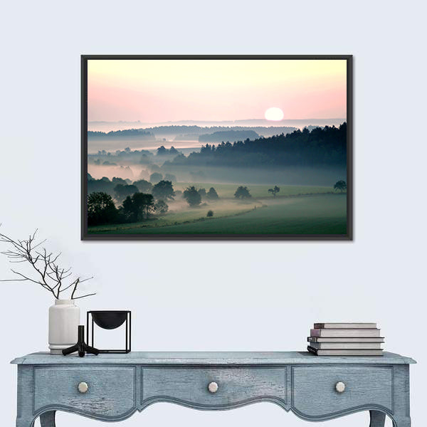 Misty Sunrise Over Layered Hills Canvas Wall Art