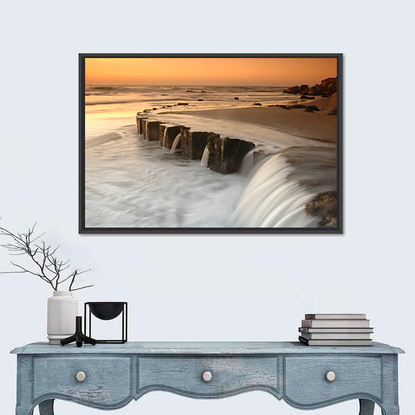 Waterfall By The Sea At Sunset Canvas Wall Art