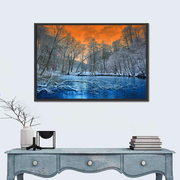 Orange Sunset Over White Winter Forest Canvas Wall Art