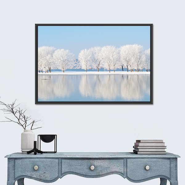 Winter Landscape Reflection In Lake Canvas Wall Art