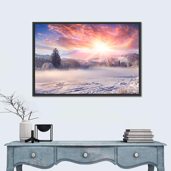 Winter Sunrise In Mountain Village Canvas Wall Art